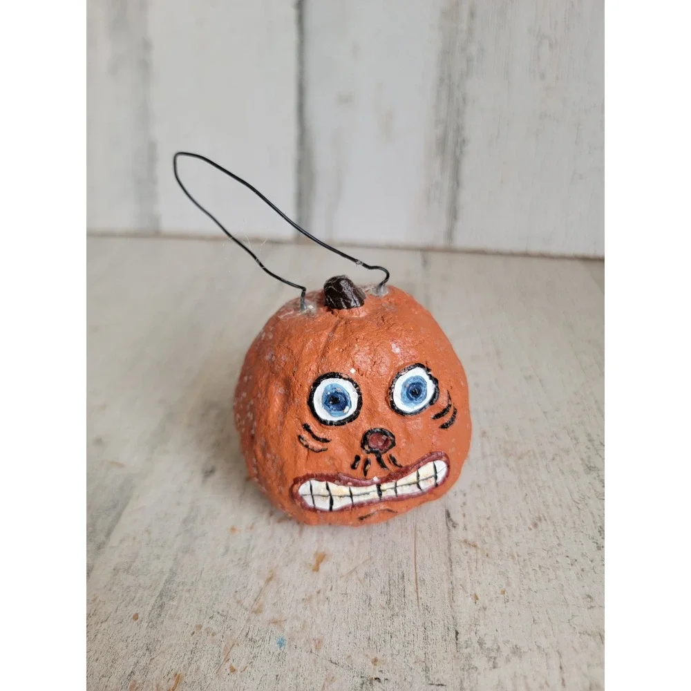 Vintage dept 56? Halloween pumpkin folk art glitter ornament Unique Home decor